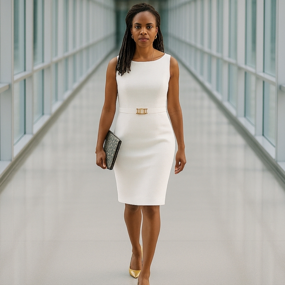 Tahari Knee Length Sleeveless Sheath Dress White Seersucker Faux Gold Buckle -12